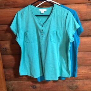 Two blue shirt sleeved shirts